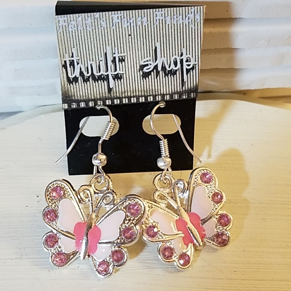 Butterfly Pink & Silver Tone Earrings Set